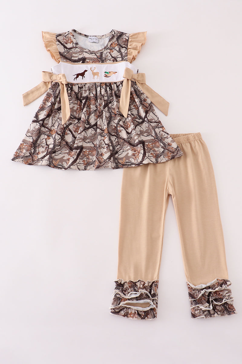 Hunting Dog Deer Duck Embroidery Ruffle Pants Set