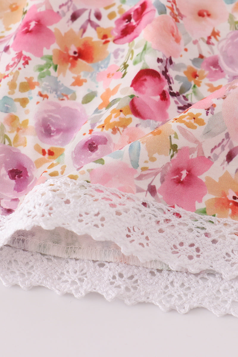 Purple Floral Print Ruffle Pants Set