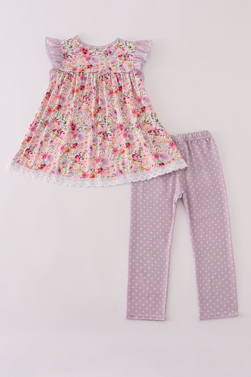 Purple Floral Print Ruffle Pants Set