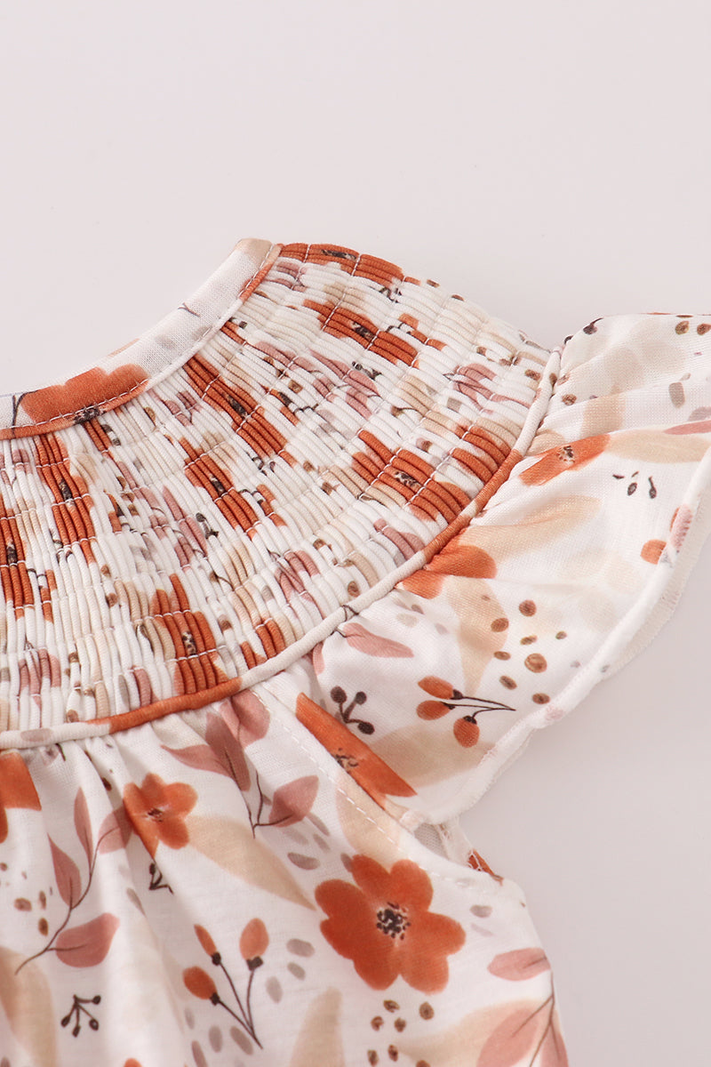 Fall Floral Print Smocked Bubble