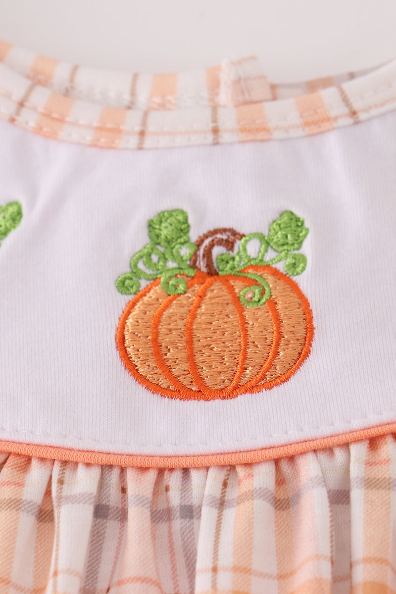 Orange Pumpkin Embroidery Plaid Dress