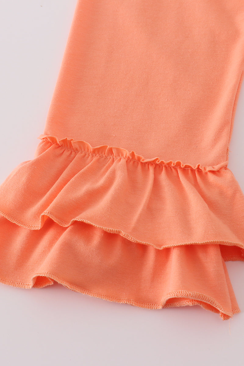 Orange Pumpkin Embroidery Plaid Ruffle Pants Set