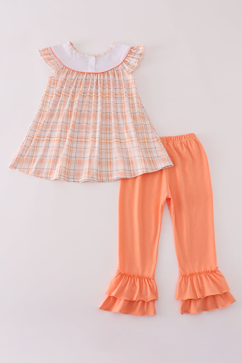 Orange Pumpkin Embroidery Plaid Ruffle Pants Set