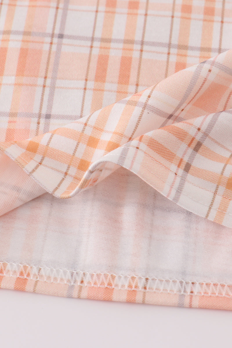 Orange Pumpkin Embroidery Plaid Top