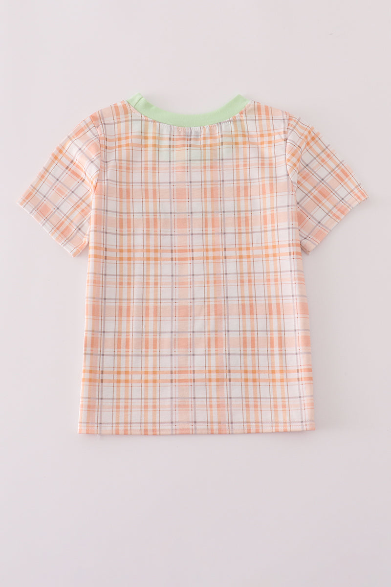 Orange Pumpkin Embroidery Plaid Top