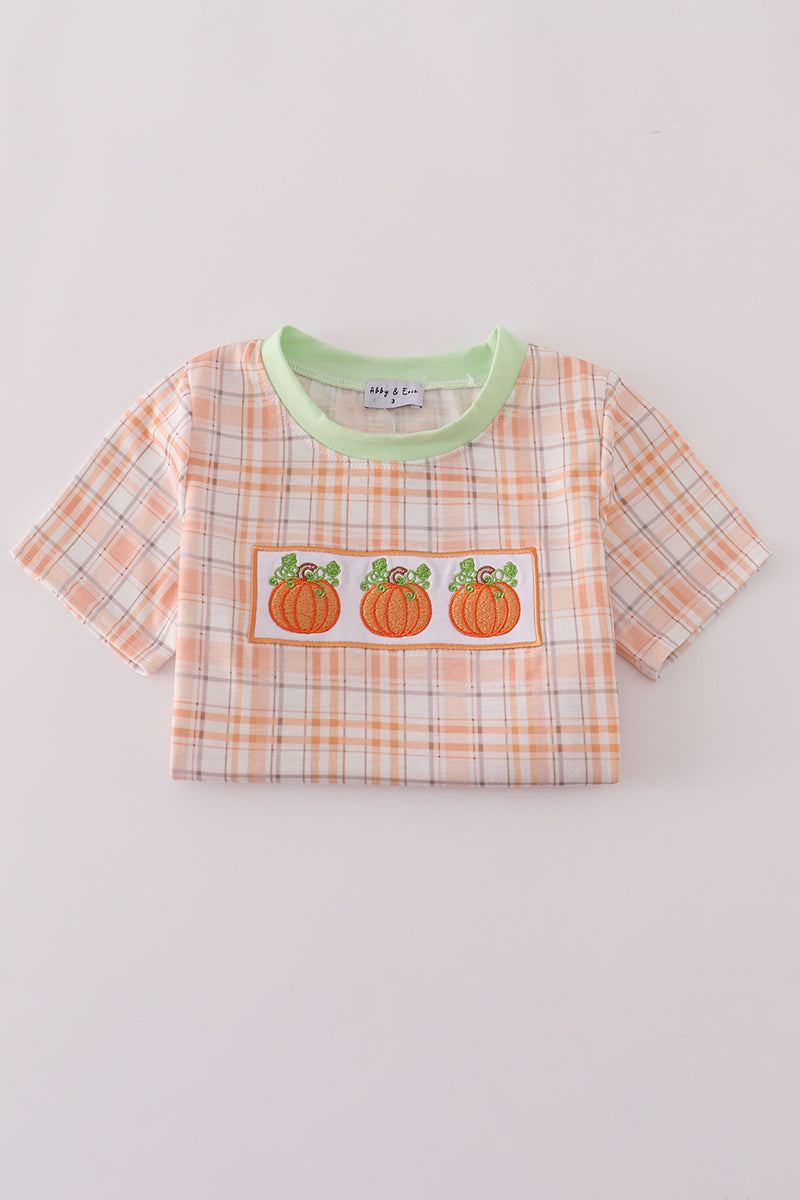 Orange Pumpkin Embroidery Plaid Top