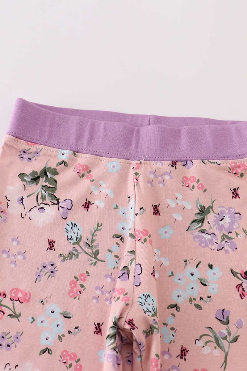 Purple Floral Print Bamboo Pajamas Pants Set