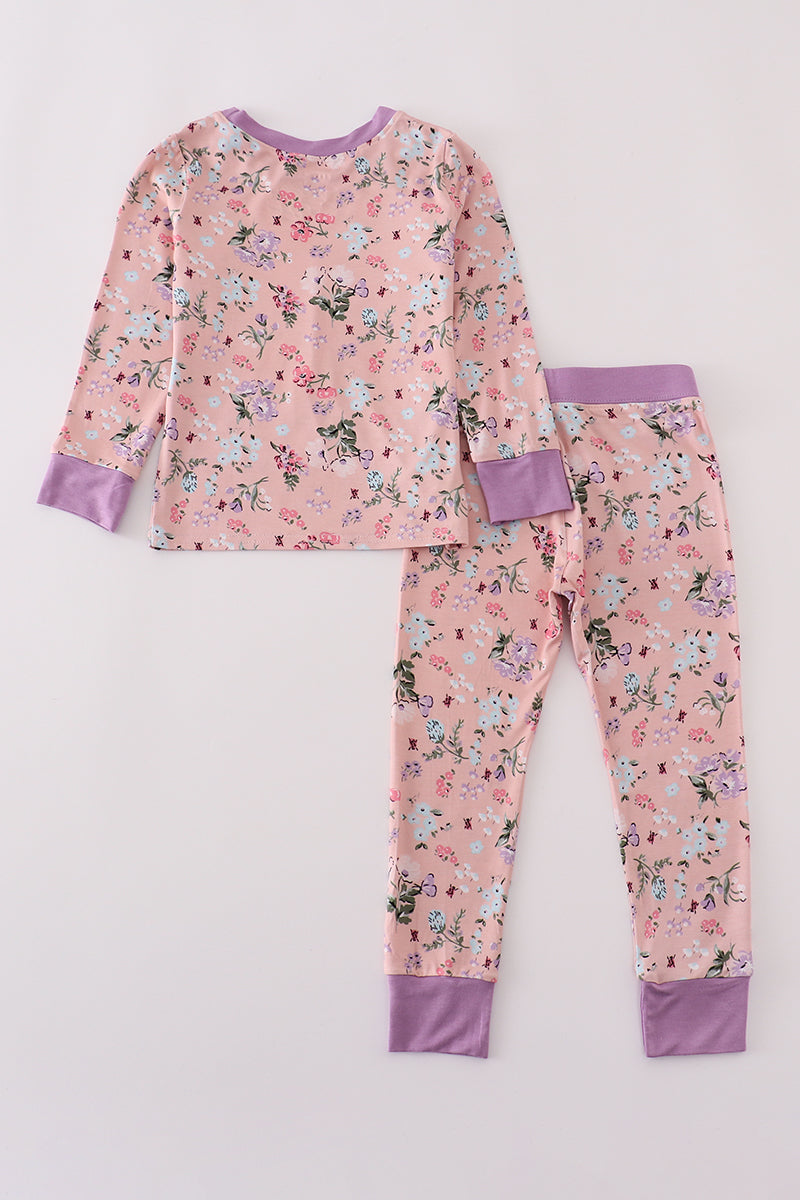 Purple Floral Print Bamboo Pajamas Pants Set