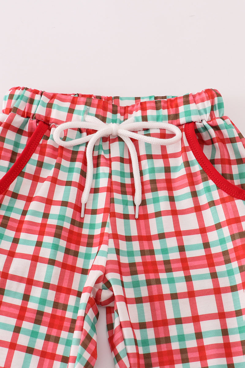 Red Santa Claus Embroidery Plaid Pants Set