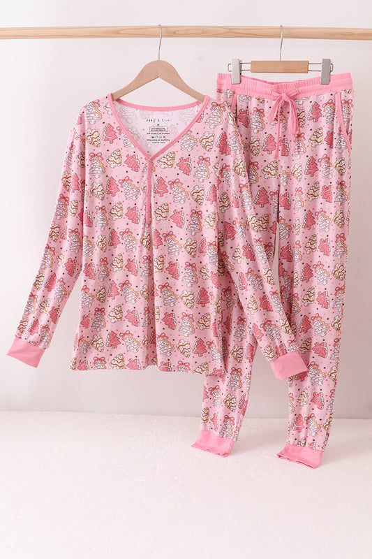 Pink Christmas Tree Bamboo Mom Pajamas Pants Set