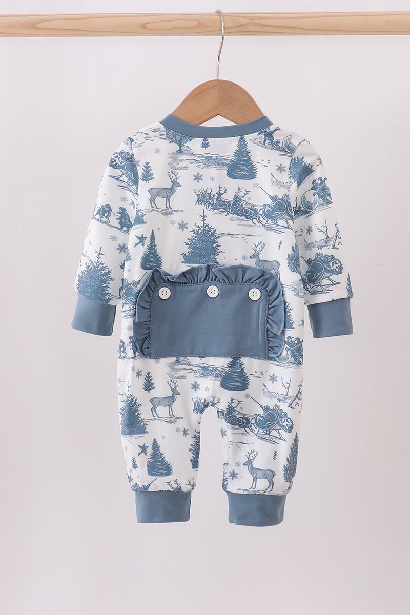Blue Christmas Reindeer Tree Ruffle Romper