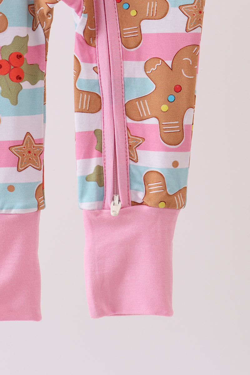 Pink Christmas Gingerbread Bamboo Pajamas Zipper Romper