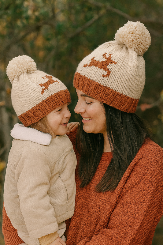 Beige Pompom Reindeer Cable Beanie