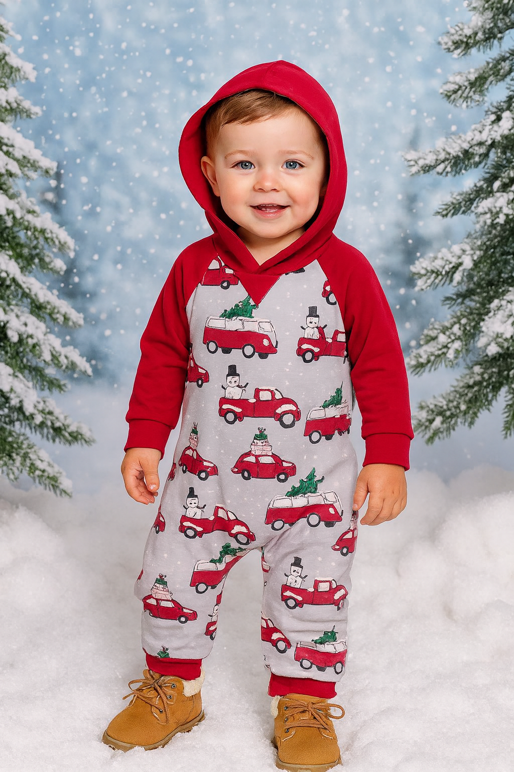 Red & Grey Holiday Tree Cars Raglan Romper