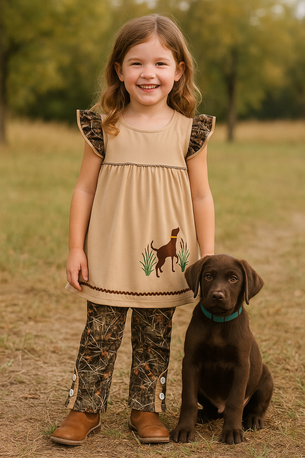 Camouflage Hound Embroidery Ruffle Dress