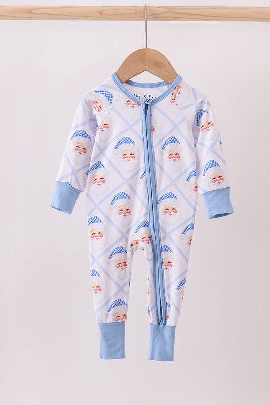 Blue Santa Claus Bamboo Zipper Romper