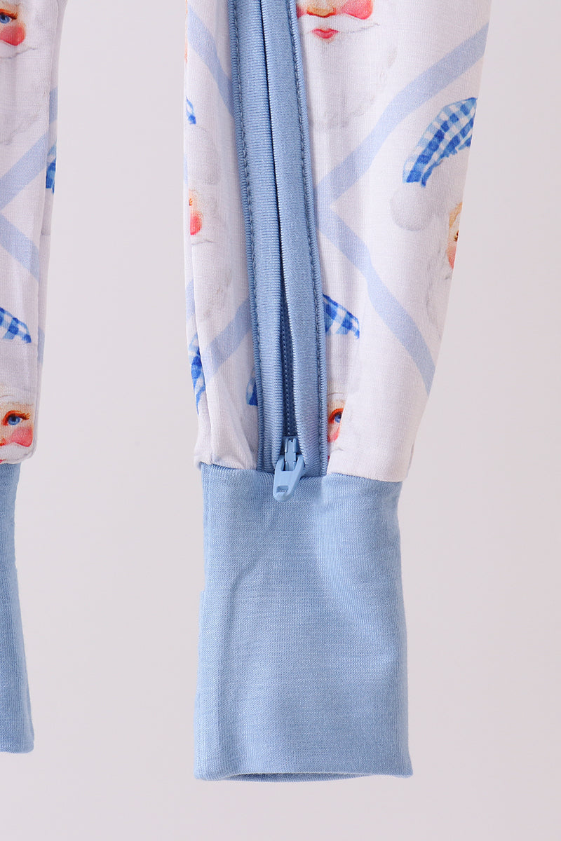 Blue Santa Claus Bamboo Zipper Romper