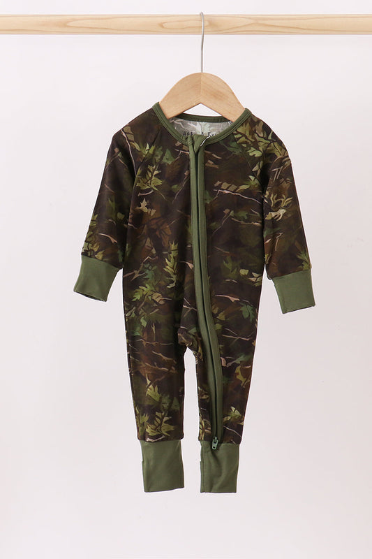 Forest Leaf Camo Bamboo Zipper Romper