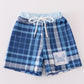 Navy Plaid Crab Embroidery Boy Swim Trunks