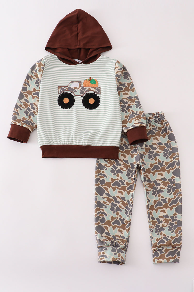 Camouflage Truck Pumpkin Applique Stripe Hoodie Set