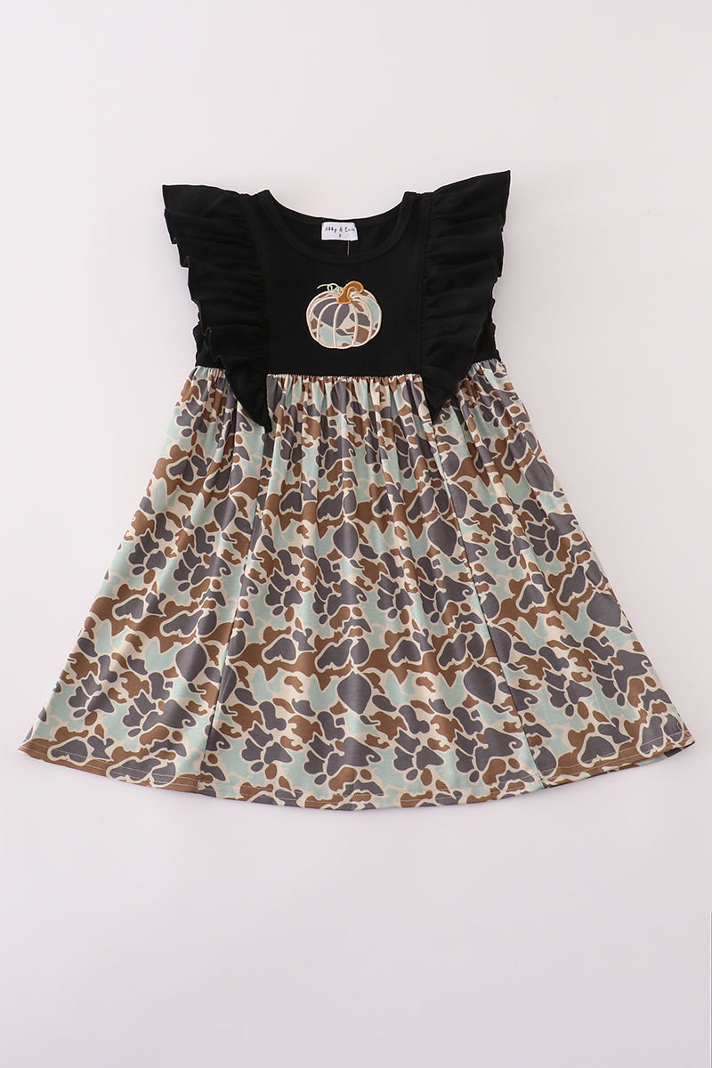 Black Camouflage Pumpkin Applique Ruffle Dress