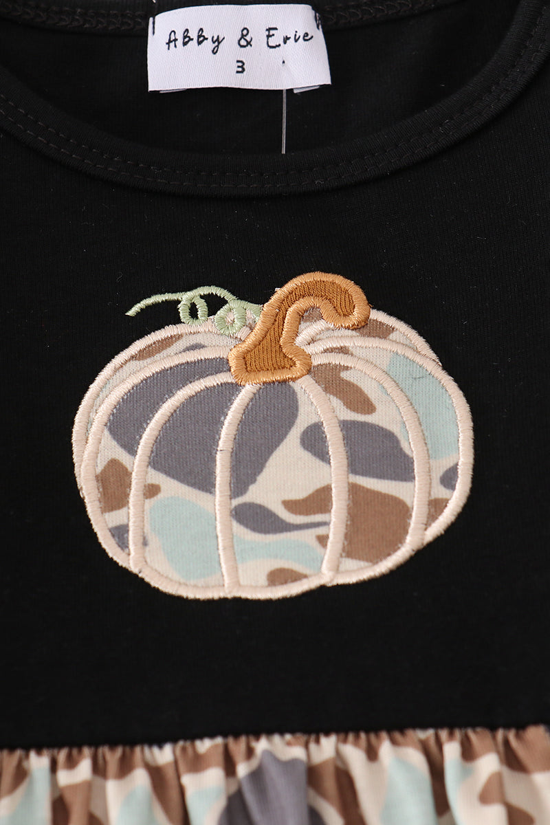 Black Camouflage Pumpkin Applique Ruffle Dress