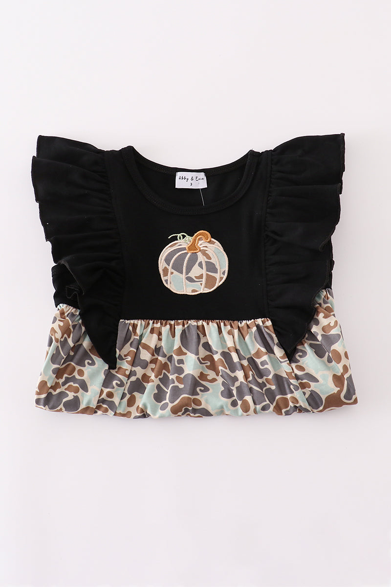Black Camouflage Pumpkin Applique Ruffle Dress