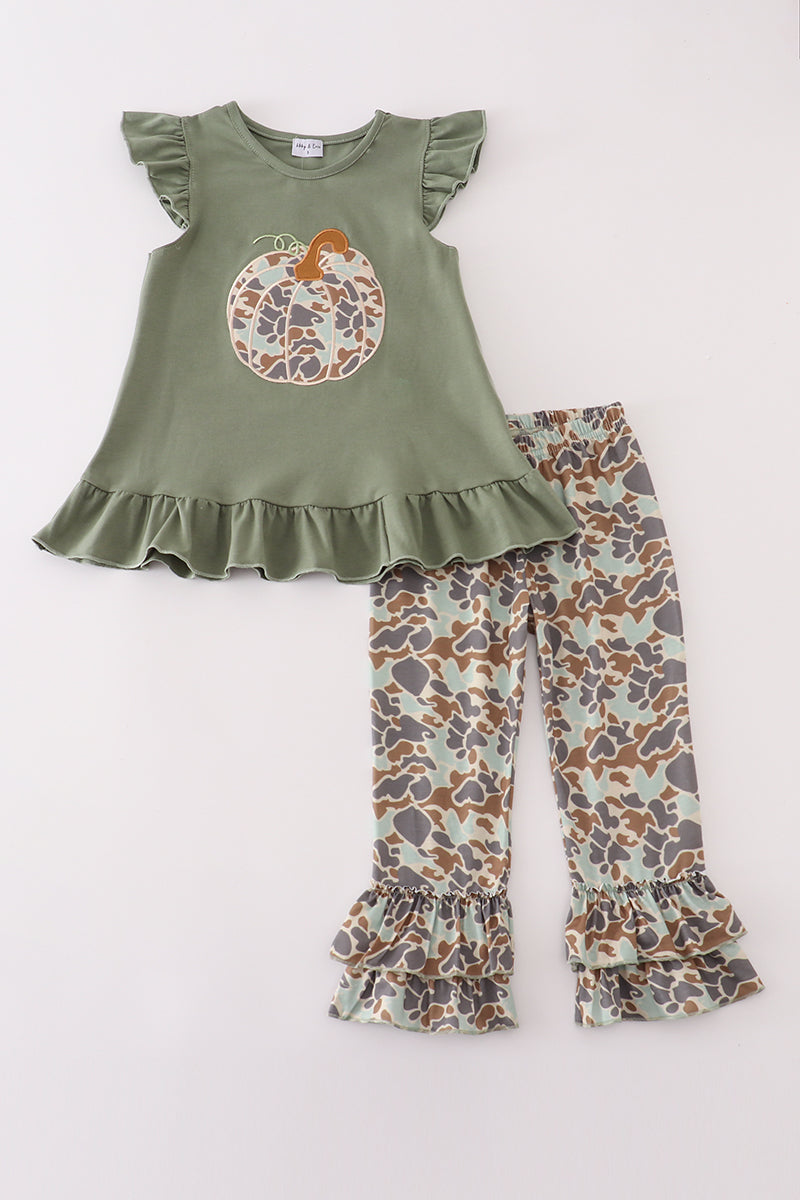 Camouflage Print Pumpkin Applique Ruffle Pants Set