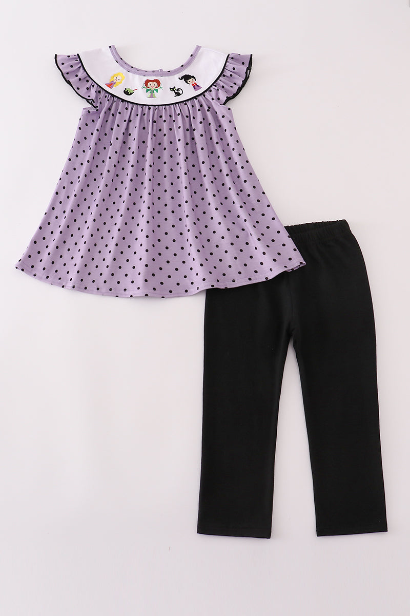 Purple Halloween Dot Witch Embroidery Pants Set