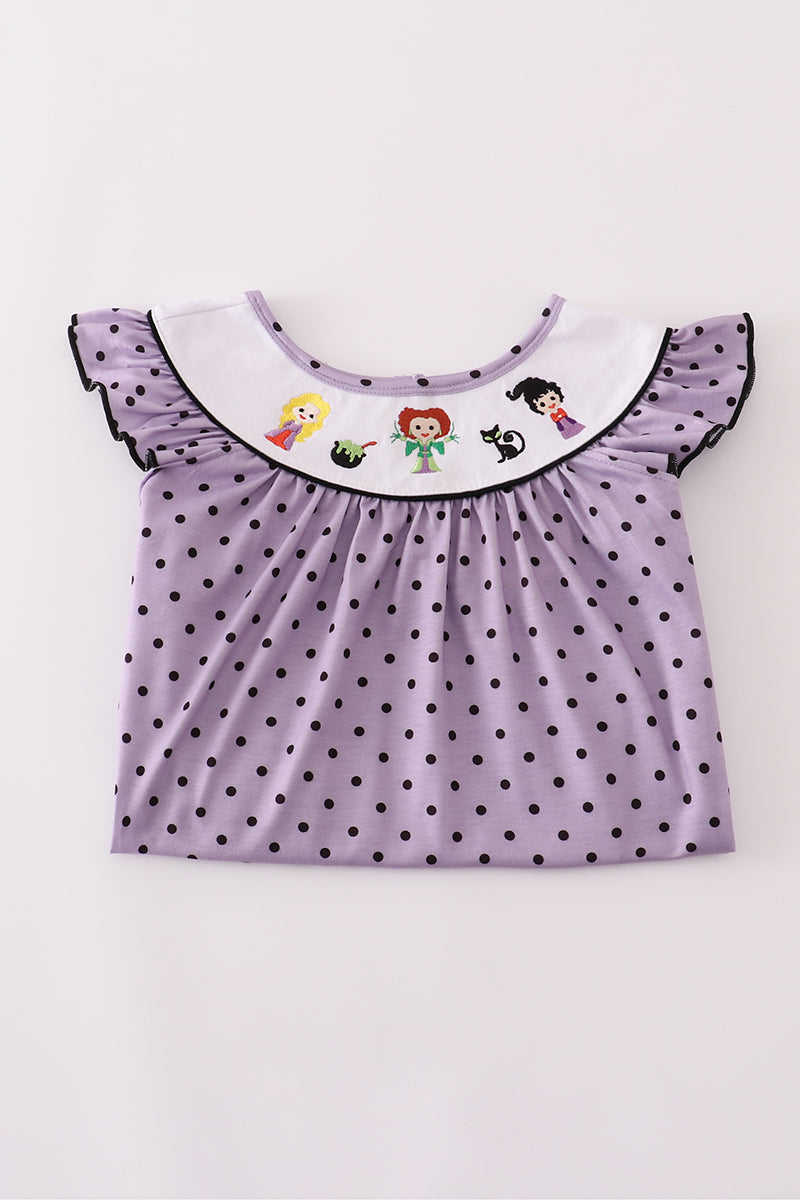 Purple Halloween Dot Witch Embroidery Pants Set