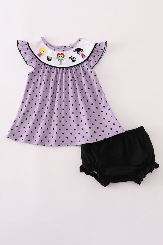 Purple Halloween Dot Witch Embroidery Bloomer Set