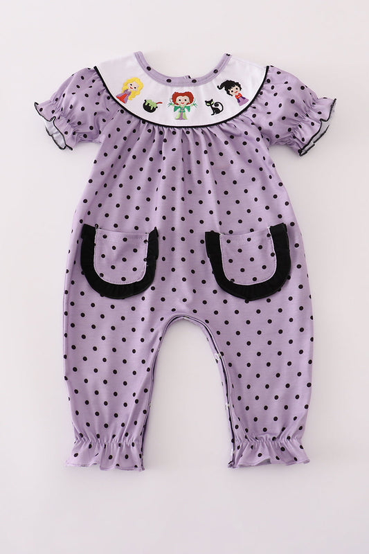 Purple Halloween Dot Witch Embroidery Romper