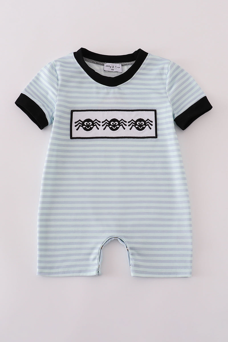 Blue Halloween Spider Embroidery Stripe Romper