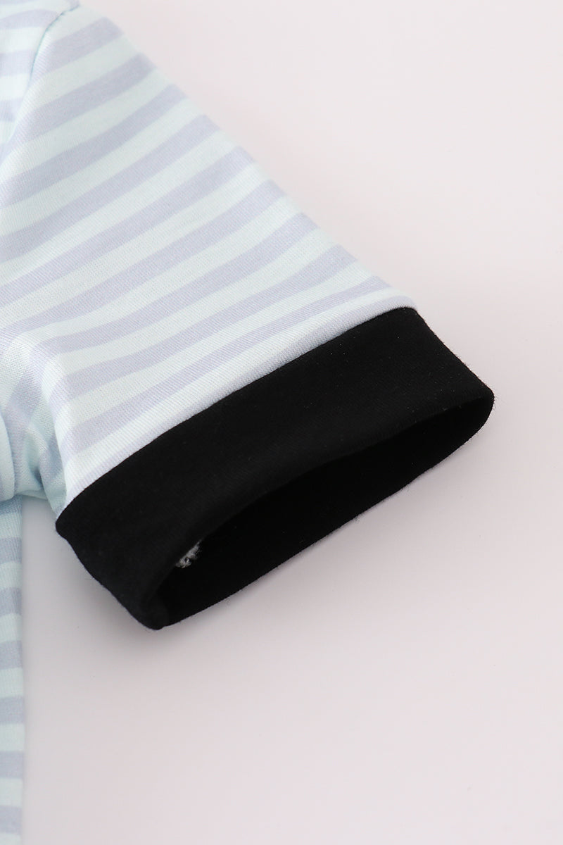 Blue Halloween Spider Embroidery Stripe Romper