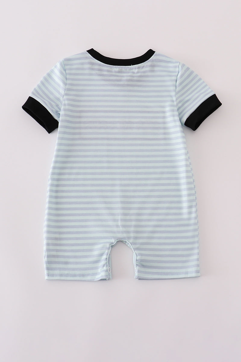 Blue Halloween Spider Embroidery Stripe Romper