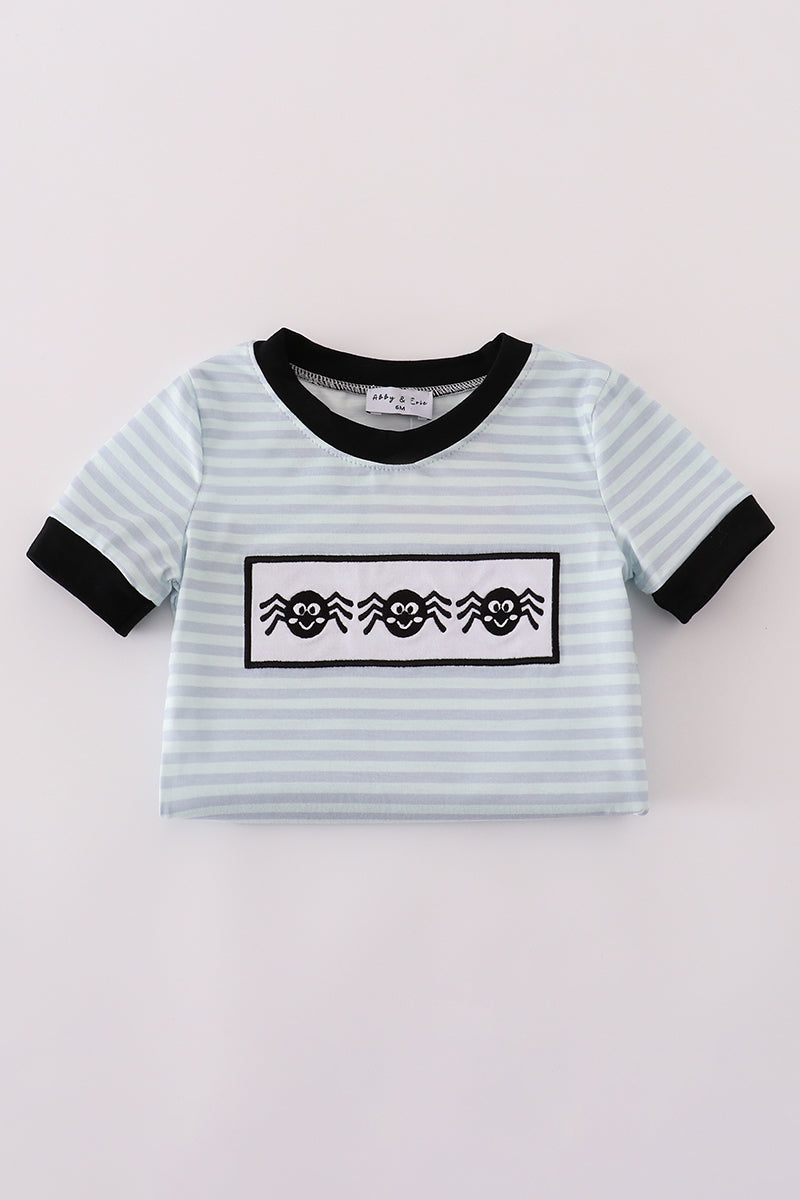 Blue Halloween Spider Embroidery Stripe Romper