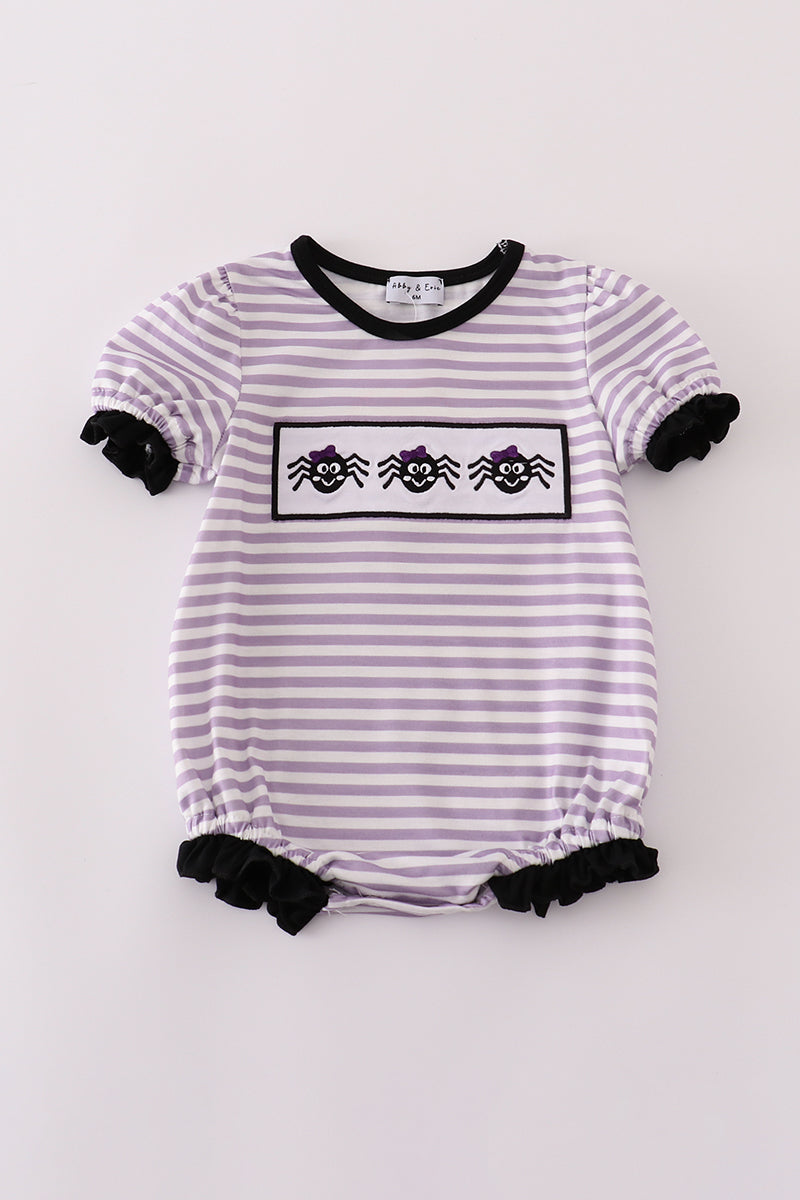Purple Halloween Spider Embroidery Stripe Ruffle Bubble