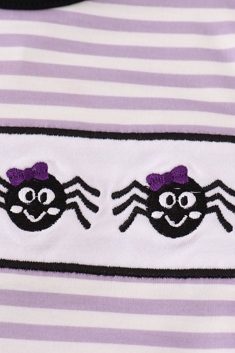 Purple Halloween Spider Embroidery Stripe Ruffle Bubble