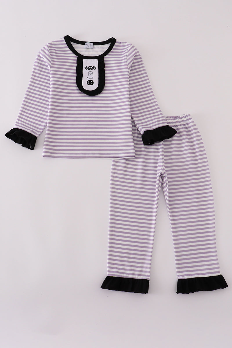 Purple Halloween Spider Embroidery Stripe Pants Set