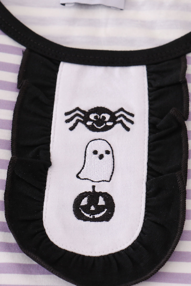Purple Halloween Spider Embroidery Stripe Pants Set
