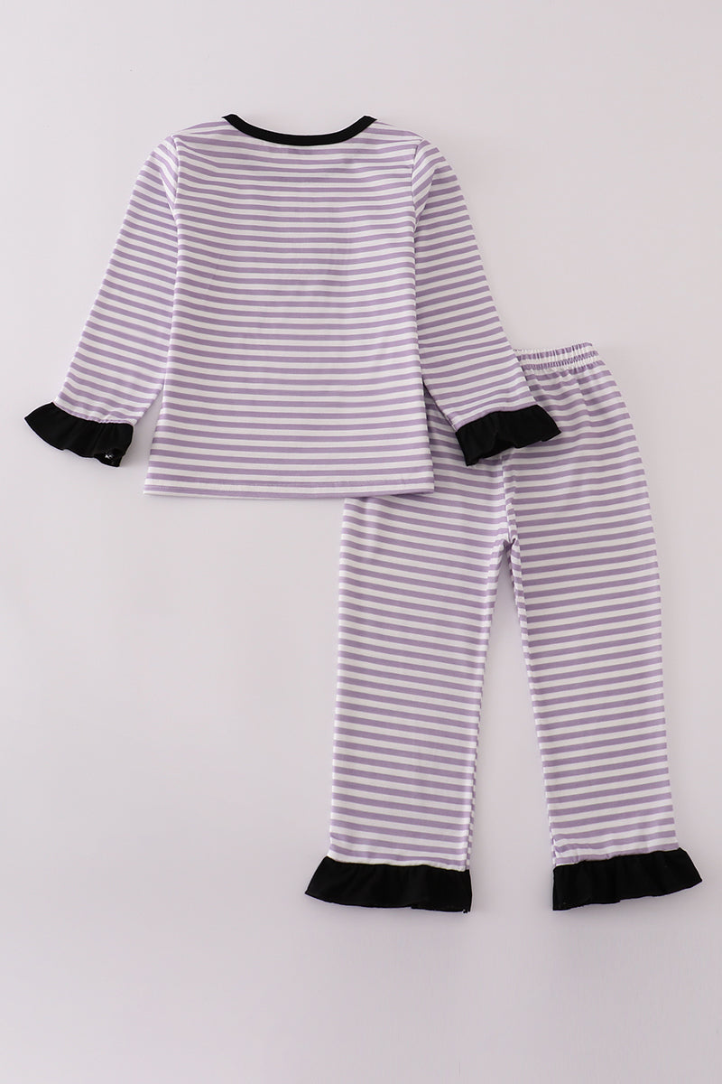 Purple Halloween Spider Embroidery Stripe Pants Set