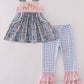 Blue Floral Pumpkin Embroidery Ruffle Pants Set