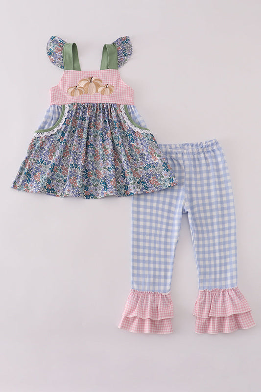 Blue Floral Pumpkin Embroidery Ruffle Pants Set