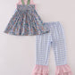 Blue Floral Pumpkin Embroidery Ruffle Pants Set
