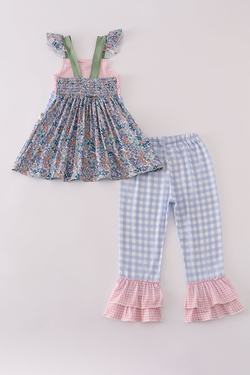 Blue Floral Pumpkin Embroidery Ruffle Pants Set