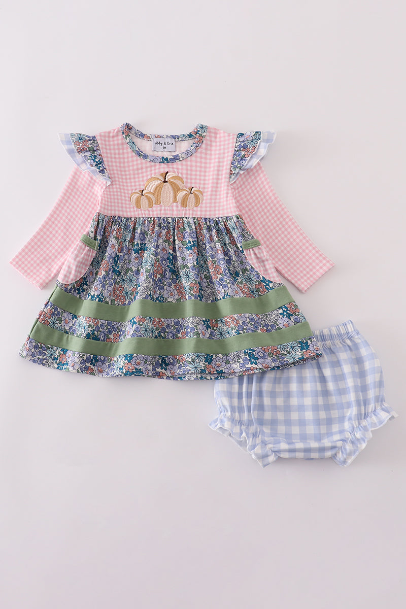 Blue Floral Pumpkin Embroidery Ruffle Bloomer Set