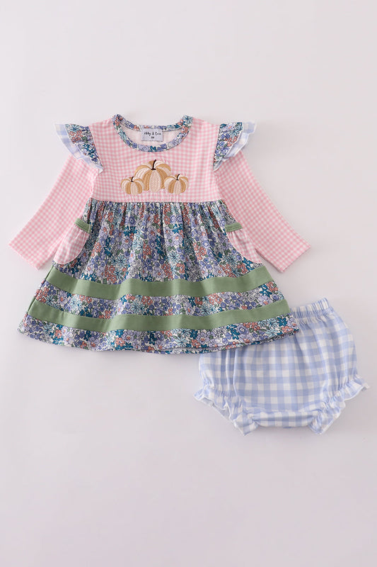 Blue Floral Pumpkin Embroidery Ruffle Bloomer Set