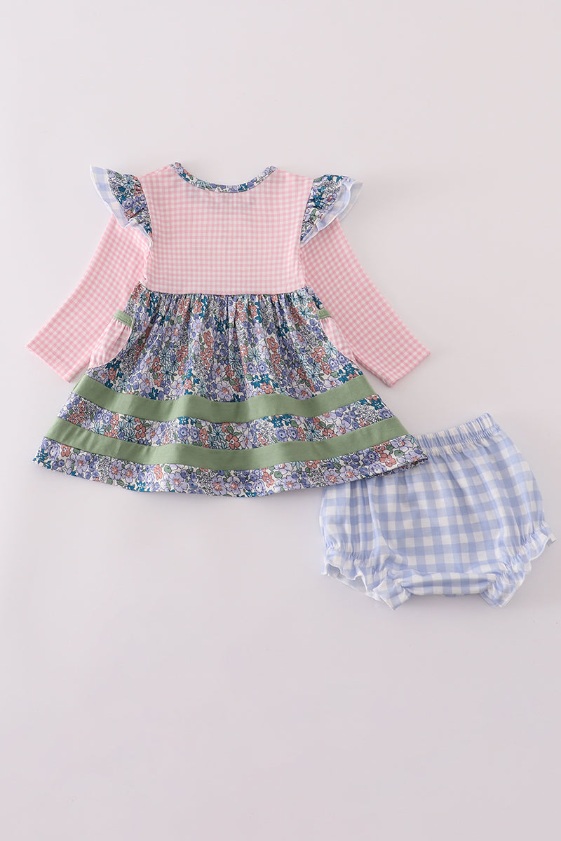Blue Floral Pumpkin Embroidery Ruffle Bloomer Set