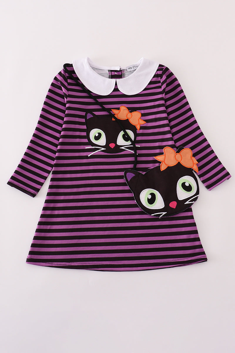 Purple Halloween Cat Stripe Dress 2Pc Set