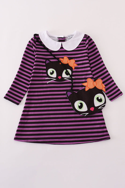 Purple Halloween Cat Stripe Dress 2Pc Set